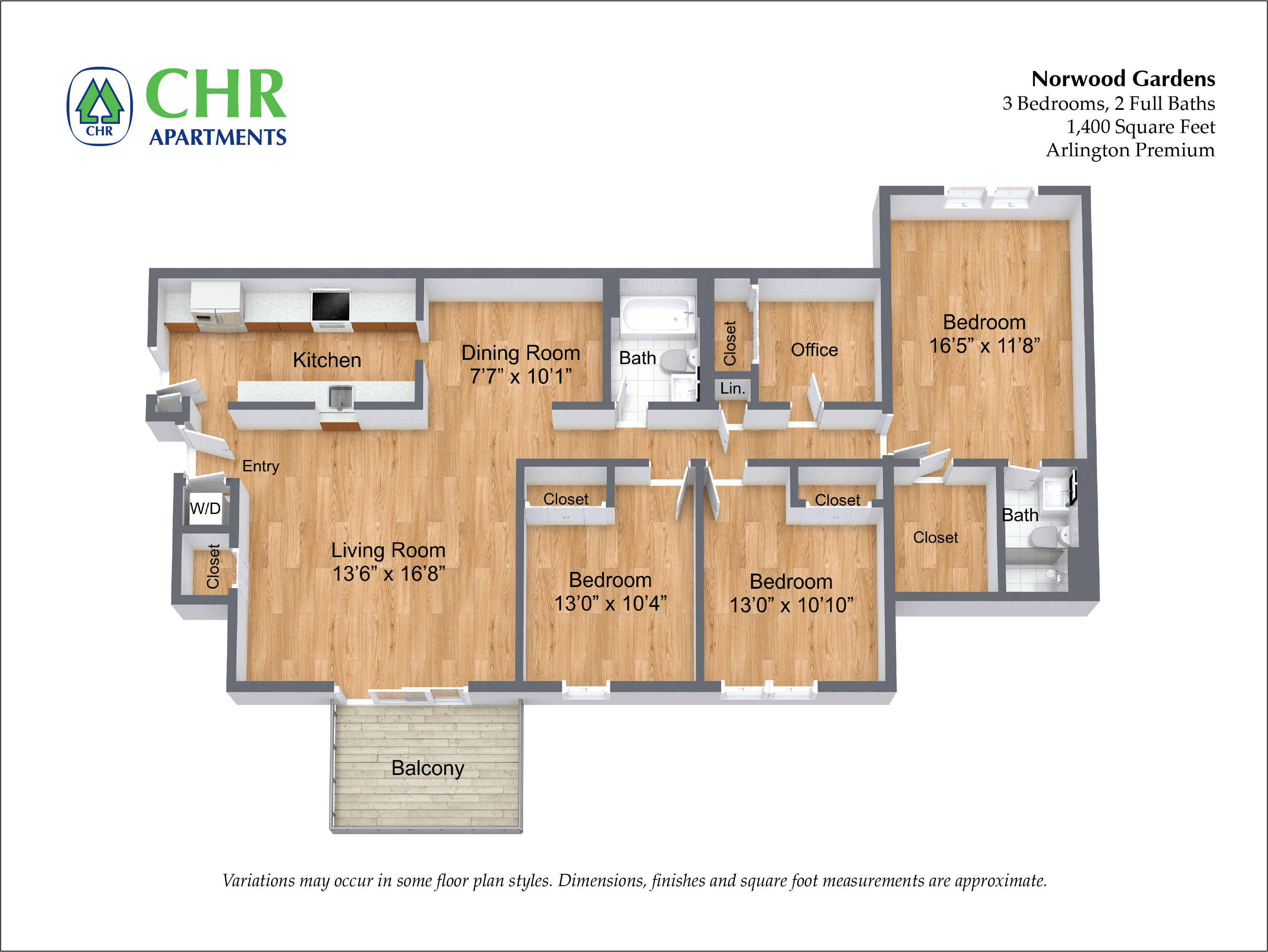 Floor plan for 3 beds, 2 baths, 1400 sqft